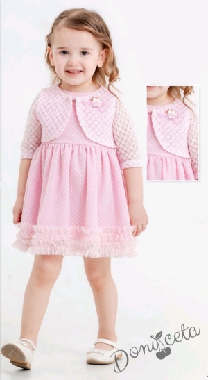 Официална/ежедневна бебешка рокля от дантела с болеро в розово Ясмина
