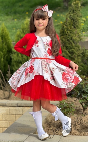 Детска официална рокля Надежда на червени цветя тип клош с колан и болеро в червено 1