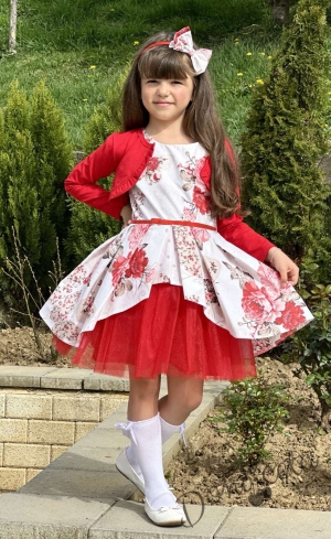 Детска официална рокля Надежда на червени цветя тип клош с колан и болеро в червено 2