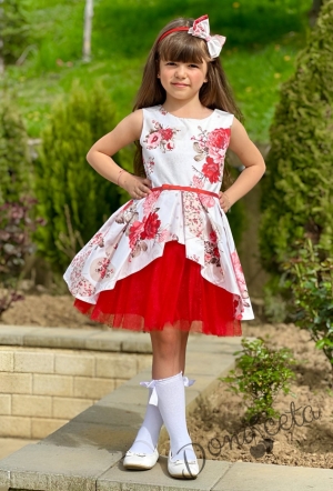 Детска официална рокля Надежда на червени цветя тип клош с колан и болеро в червено 3