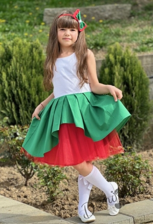 Детска официална рокля в бяло, зелено и червено с тюл 0933006702