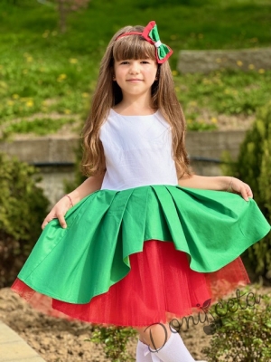 Детска официална рокля в бяло, зелено и червено с тюл 0933006703