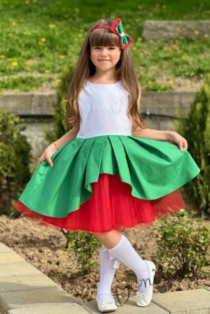 Детска официална рокля в бяло, зелено и червено с тюл 0933006704