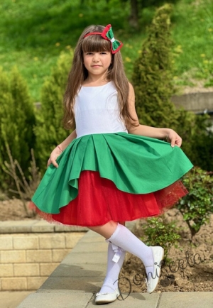 Детска официална рокля в бяло, зелено и червено с тюл 0933006705