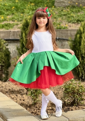 Детска официална рокля в бяло, зелено и червено с тюл 0933006706