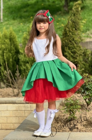 Детска официална рокля в бяло, зелено и червено с тюл 0933006707