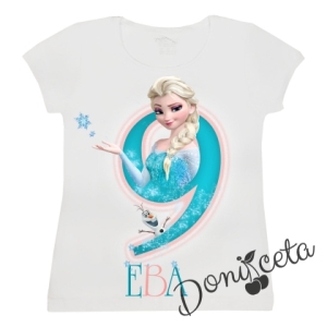 Детска тениска с къс ръкав в бяло с персонализирано име и цифра с Елза от "Замръзналото Кралство"