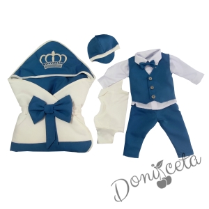 Бебешки комплект за изписване за момче с костюм и елек в синьо