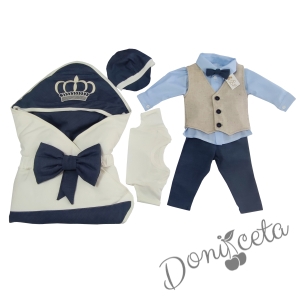 Бебешки комплект за изписване за момче с костюм и елек в синьо и бежово