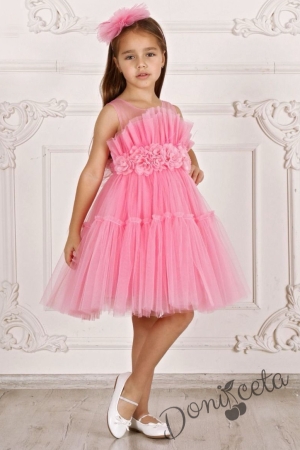 Официална детска дълга рокля в розово с тюл без ръкав Виталия 1