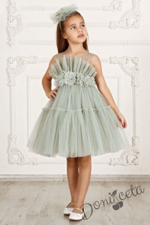 Официална детска рокля в зелено с тюл без ръкав Виталия