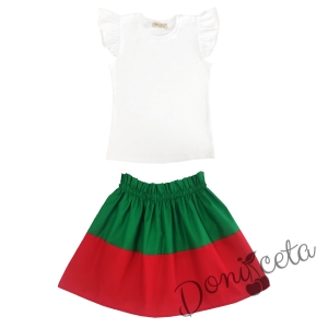 Комплект за момиче от детска пола в зелено и червено и блуза в бяло  1