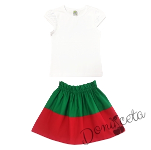 Комплект за момиче от детска пола в зелено и червено и блуза в бяло с къс ефектен ръкав