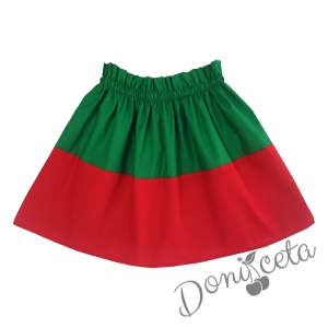 Комплект за момиче от детска пола в зелено и червено и блуза в бяло с ефектен ръкав 3