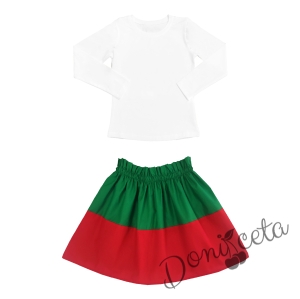 Комплект за момиче от детска пола в зелено и червено и блуза в бяло с дълъг ръкав 1