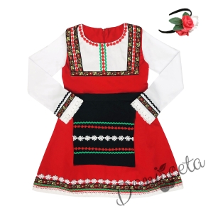 Детска народна носия 44-сукман в червено и престилка в черно с фолклорни етно мотиви и диадема