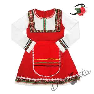 Детска народна носия 46-сукман в червено и престилка в черно с фолклорни етно мотиви  и диадема 1