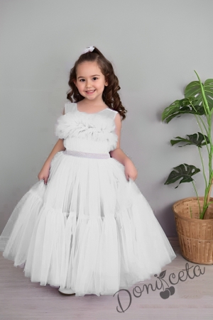 Официална детска дълга рокля в бяло без ръкав с тюл Мелани 1