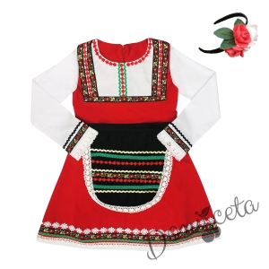 Детска народна носия 66-сукман в червено и престилка в черно с фолклорни етно мотиви и диадема