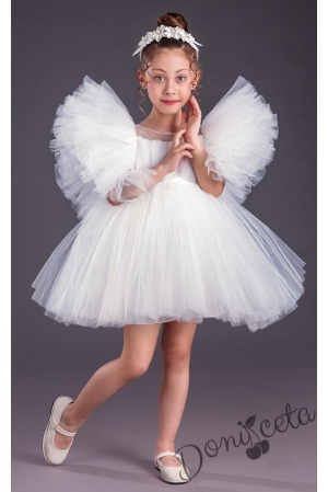 Официална детска къса рокля с тюл в бяло с Луиза