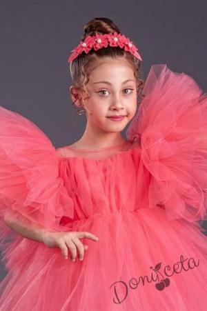 Официална детска къса рокля с тюл в цвят диня с Луиза 2
