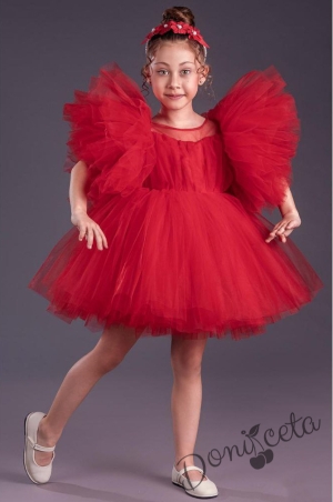 Официална детска къса рокля с тюл в червено с Луиза 1