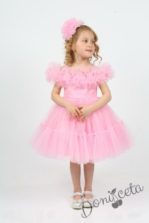 Официална детска къса рокля с тюл в розово Белисима  1