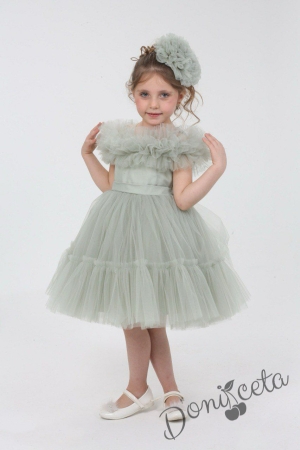 Официална детска къса рокля с тюл в зелено Белисима  1