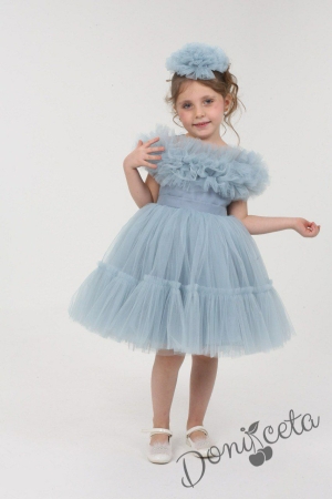Официална детска къса рокля с тюл в светлосиньо Белисима 