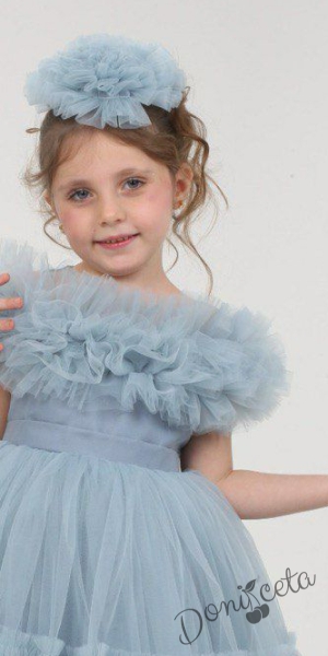 Официална детска къса рокля с тюл в светлосиньо Белисима  2