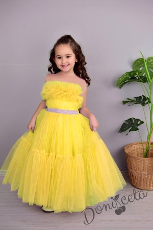 Официална детска дълга рокля в жълто без ръкав с тюл Мелани