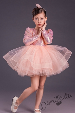 Официална детска къса рокля с дълъг ръкав в прасковено с пайети Людмила 1