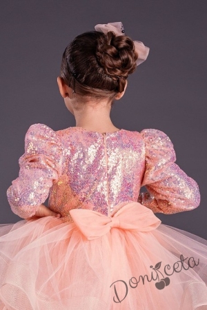 Официална детска къса рокля с дълъг ръкав в прасковено с пайети Людмила 3