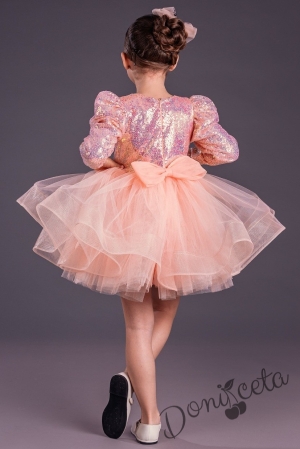 Официална детска къса рокля с дълъг ръкав в прасковено с пайети Людмила 4