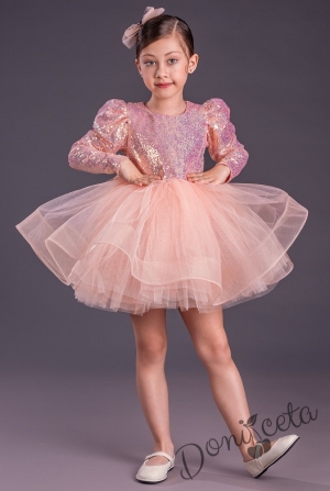 Официална детска къса рокля с дълъг ръкав в прасковено с пайети Людмила 5