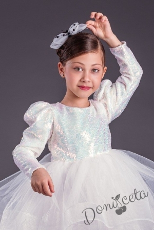 Официална детска къса рокля с дълъг ръкав в бяло с пайети Людмила 2