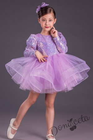Официална детска къса рокля с дълъг ръкав в лилаво с пайети Людмила