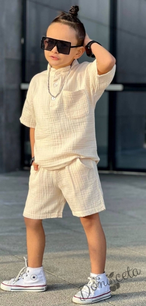 Комплект за момче от 2 части- блуза с джоб и панталон в бежово 5