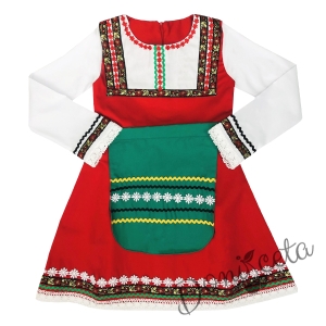 Комплект от дамска и детска народна носия 45-сукман в червено и престилка в зелено с фолклорни/етно мотиви  2