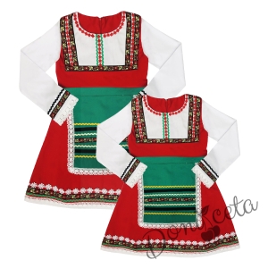 Комплект от дамска и детска народна носия 68-сукман в червено и престилка в черно с фолклорни/етно мотиви 