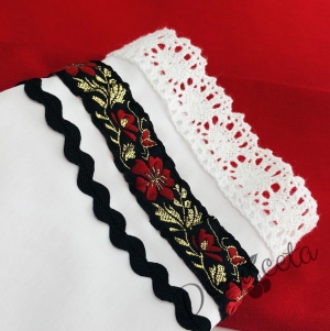 Комплект от дамска и детска народна носия 68-сукман в червено и престилка в черно с фолклорни/етно мотиви  5