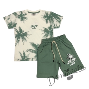 Летен комплект от блуза в екрю с палми и панталон в зелено
