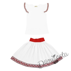 Етно комплект за момиче от 2 части- пола в бяло и блуза с къс ркав с фолклорни мотиви  2