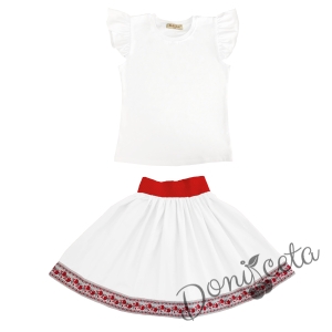 Комплект за момиче от 2 части- пола в бяло с етно мотиви и блуза с къдрици
