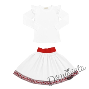Комплект за момиче от 2 части- пола в бяло с етно мотиви и блуза с дълъг ръкав с къдрици 1