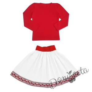 Комплект за момиче от 2 части- пола в бяло с етно мотиви и блуза с дълъг ръкав в червено