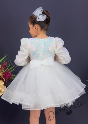 Официална детска къса рокля с дълъг ръкав в бяло с пайети Людмила8