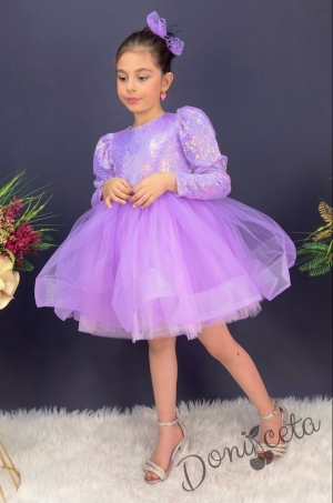 Официална детска къса рокля с дълъг ръкав в лилаво с пайети Людмила9