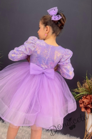 Официална детска къса рокля с дълъг ръкав в лилаво с пайети Людмила10