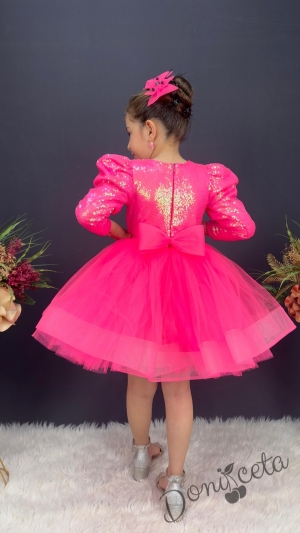 Официална детска къса рокля с дълъг ръкав в циклама с пайети Людмила